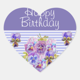 Pansy Blume Lila Stripe floral Happy Geburtstag Herz-Aufkleber