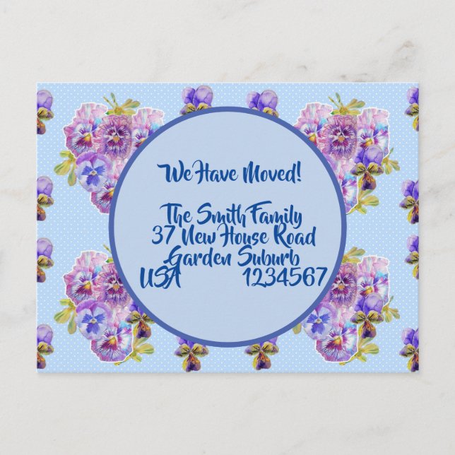 Pansy Blume neue Adresse Postkarte, wir bewegen un Postkarte (Vorderseite)