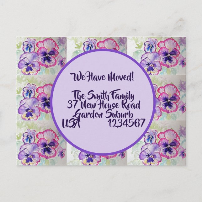 Pansy Blume neue Adresse Postkarte, wir bewegen un Postkarte (Vorderseite)