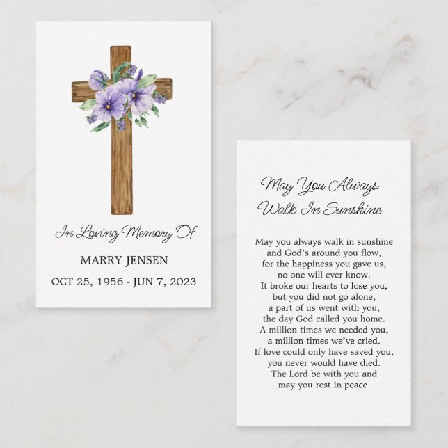 Pansy Cross Memorial Funeral Prayer Card Visitenkarte (Vorne/Hinten)