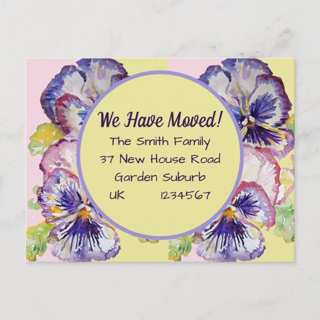 Pansy Flowers New Address Postcard, We Are Moving  Postkarte (Vorderseite)