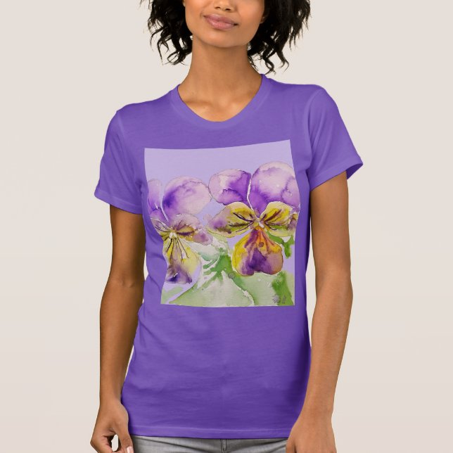 Pansy Lila Violas viola Blumenbeete Wasserfarben B T-Shirt (Vorderseite)