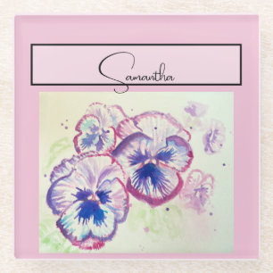 Pansy Pink Aquarell Stiefmütterchen Blumenstrauß B Glasuntersetzer