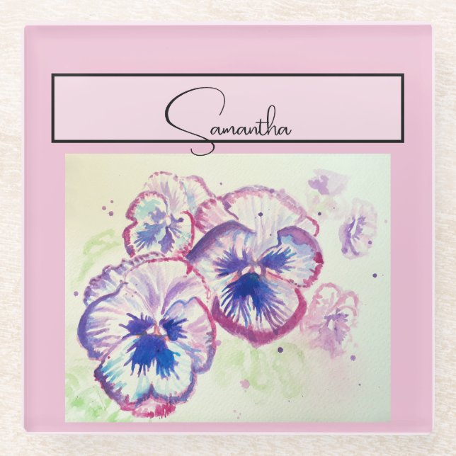 Pansy Pink Aquarell Stiefmütterchen Blumenstrauß B Glasuntersetzer (Vorderseite)