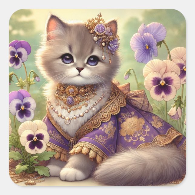 Pansy Princess Cat Quadratischer Aufkleber (Vorderseite)