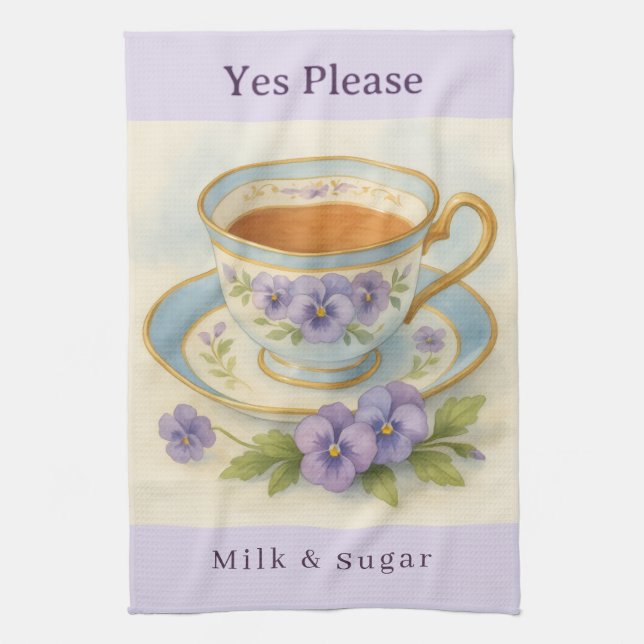Pansy Teacup Tea Towel | Yes Please Milk & Sugar Geschirrtuch (Vertikal)