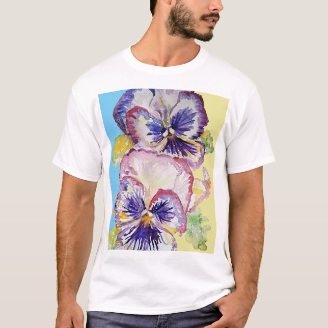 Pansy Wasserfarbmuster auf rosa und blassgelb T-Shirt (Vorderseite)