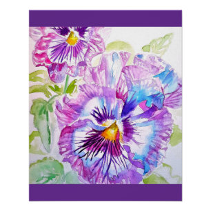 Pansy Watercolor-Muster auf Lila blauen Stiefmütte Poster