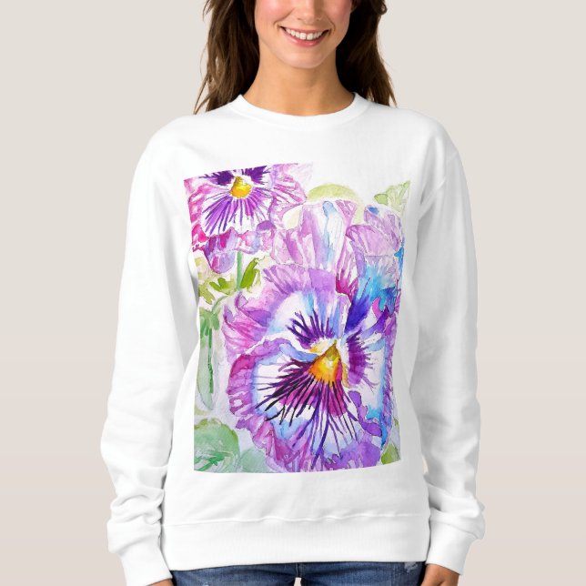 Pansy Watercolor-Muster auf Lila blauen Stiefmütte Sweatshirt (Vorderseite)
