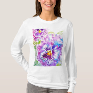 Pansy Watercolor-Muster auf Lila blauen Stiefmütte T-Shirt