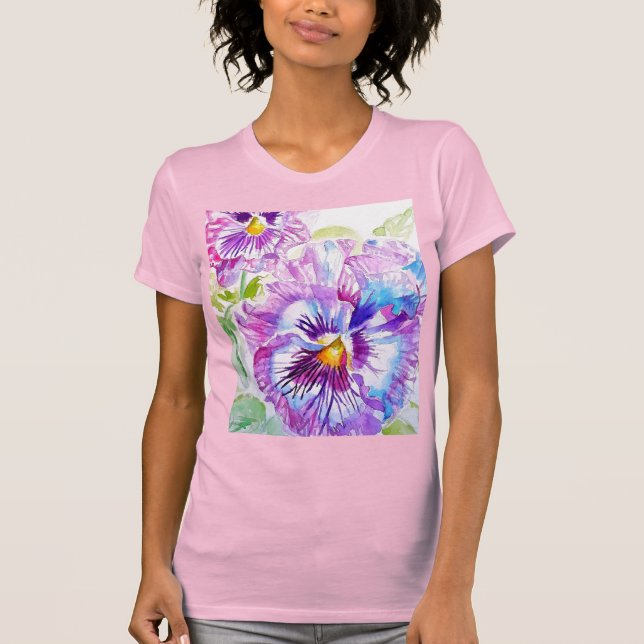 Pansy Watercolor-Muster auf Lila blauen Stiefmütte T-Shirt (Vorderseite)