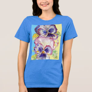 Pansy Watercolor Muster auf rosa Gelb Blau Tri-Blend Shirt