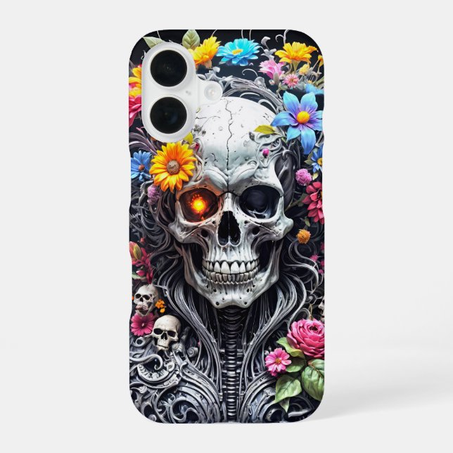 Panzerförmiger Schädel mit Blumenabdeckung iPhone 16 Hülle (Rückseite)