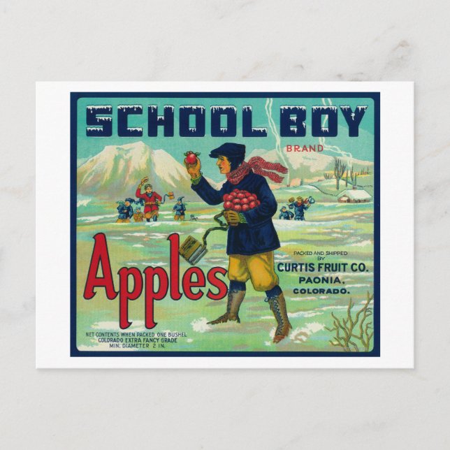 Paonia, Colorado - School Boy Apple Label Postkarte (Vorderseite)
