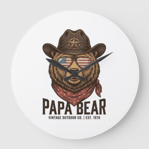 Papa Bär Cowboy Bär Patriotisch Vintage Vektor Des Große Wanduhr