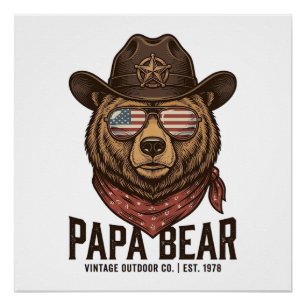 Papa Bär Cowboy Bär Patriotisch Vintage Vektor Des Poster