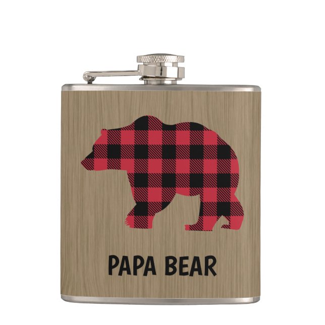 Papa Bear Buffalo Kariert Vinyl Wrapped Flask Flachmann (Vorderseite)