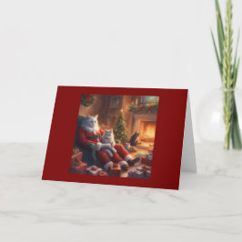 Papa-Katze als Weihnachtsmann mit Kätzchen an Weih Karte