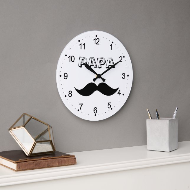 Papa Men Mustache Black & White Large Clock Große Wanduhr (Büro)