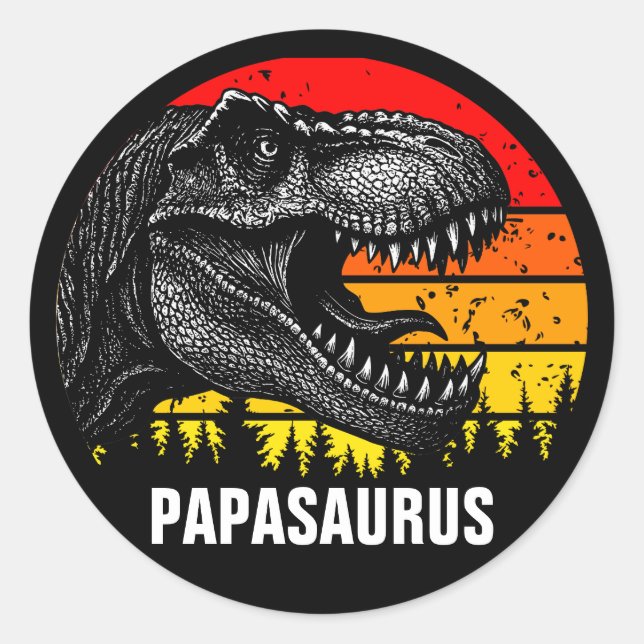 Papa Saurus Trex Retro Vintag Sunset Runder Aufkleber (Vorderseite)