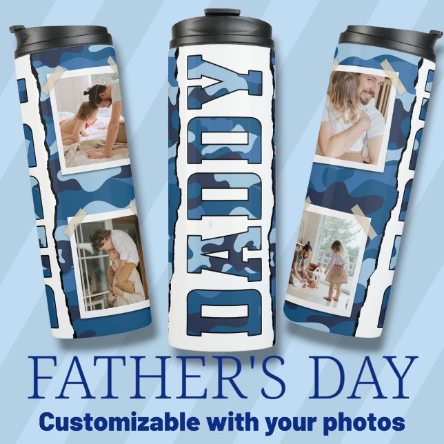 Papa Vatertag Fotos blau Thermosbecher (Daddy Father's Day custom photos blue Thermal Tumbler)