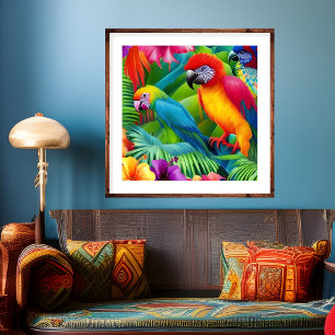 Papagei 3 Vögel Tropisch Florale Palmen blau lila Poster