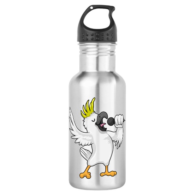Papagei als Sänger mit Mikrofon Edelstahlflasche (Vorderseite)