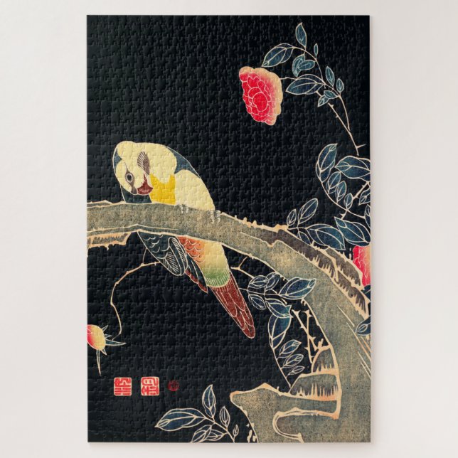 Papagei am Rande einer blühenden Rose Bush Puzzle (Vertikal)