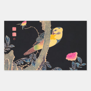 Papagei am Rande einer blühenden Rose Bush Rechteckiger Aufkleber