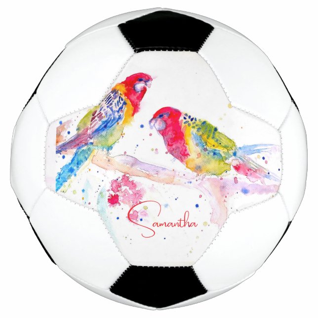 Papagei Art Aquarellmalerei Rot Blau Farbenfroh Fußball (Vorderseite)