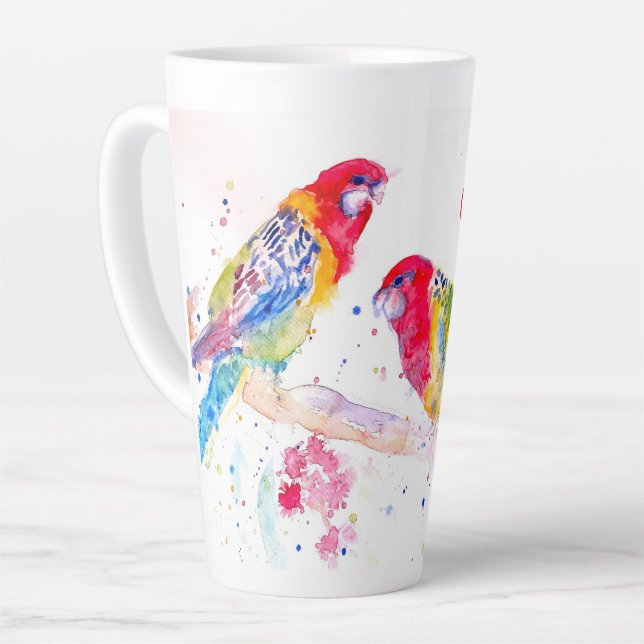 Papagei Art Aquarellmalerei Rot Blau Farbenfroh Milchtasse (Linke Ecke)