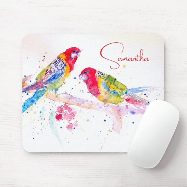 Papagei Art Aquarellmalerei Rot Blau Farbenfroh Mousepad (Mit Mouse)