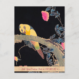 Papagei auf dem Ast eines blühenden Rosenstrauchs Postkarte