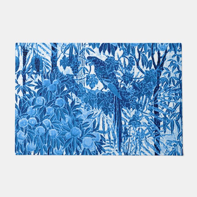 Papagei in Jungle-Umgebung, Indigoblau und Weiß Fußmatte (Vorderseite)