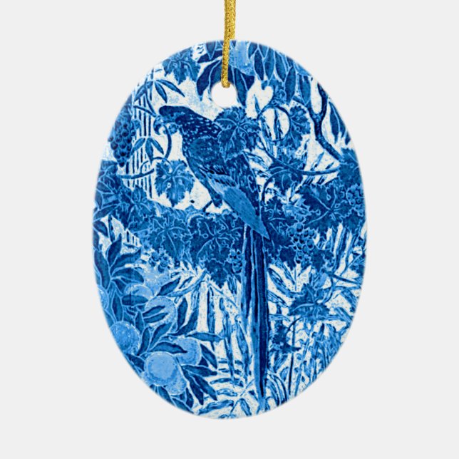 Papagei in Jungle-Umgebung, Indigoblau und Weiß Keramik Ornament (Vorne)