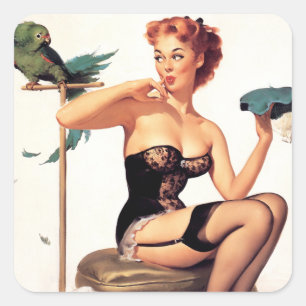 Papagei Pin Up Quadratischer Aufkleber