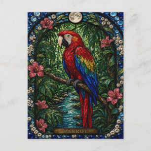 Papagei, Regenwaldblüte Buntglas Postkarte