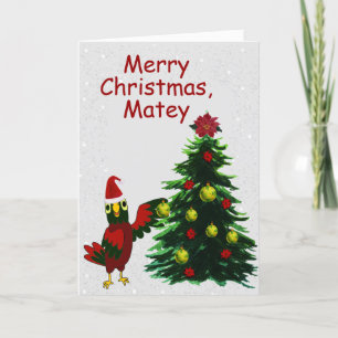 Papagei schmücken einen Weihnachtsbaum Feiertagskarte