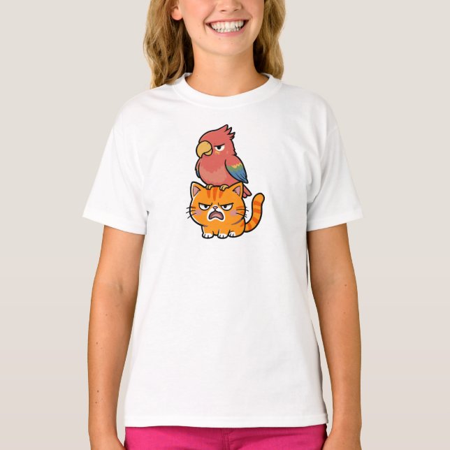 Papagei und orange Katze T-Shirt (Vorderseite)