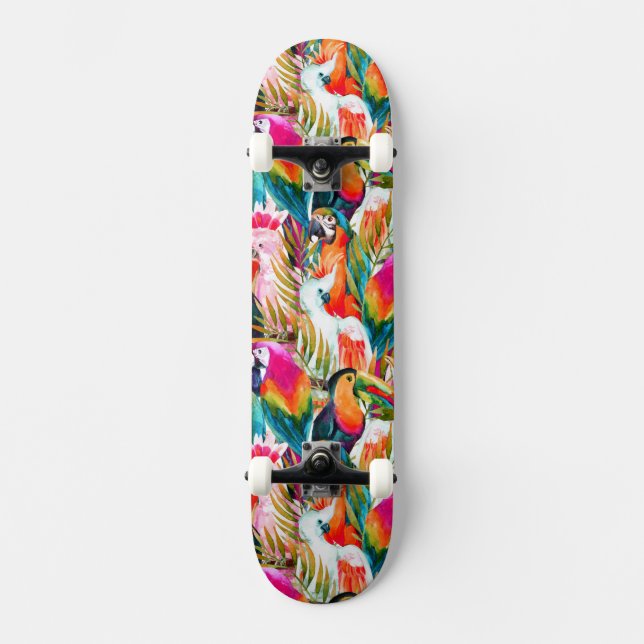 Papageien u. Palmblätter Skateboard (Vorderseite)