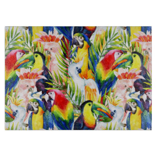 Papageien und Blätter aus Palm Schneidebrett