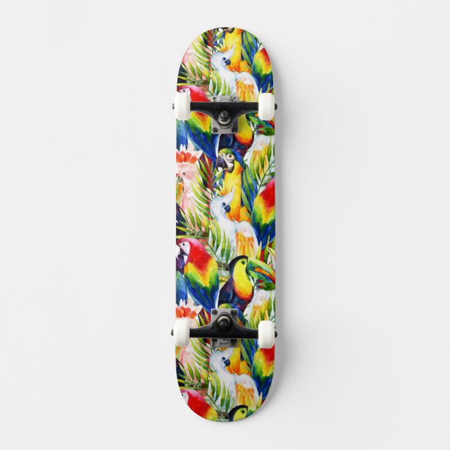 Papageien und Palmblätter Skateboard (Vorderseite)