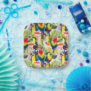 Papageien und Palmen-Blätter Pappteller