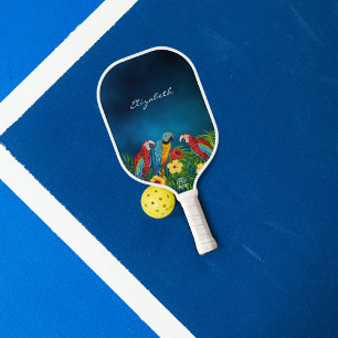 Papageien Vögel rot blau gelb Muster Name Schrift Pickleball Schläger