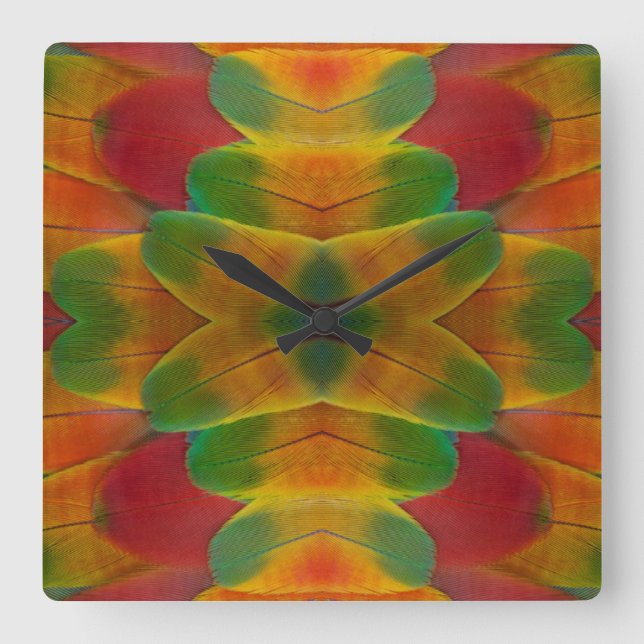 Papageienfeder Kaleidoskop Quadratische Wanduhr (Vorderseite)