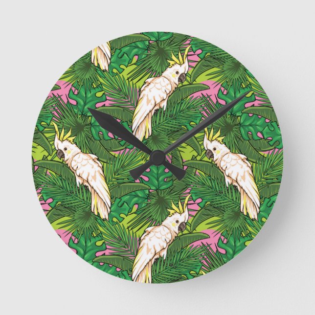Papageienmuster mit Blätter aus Palm Runde Wanduhr (Vorderseite)
