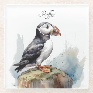 Papageientaucher auf einem Felsen Aquarell, indivi Glasuntersetzer