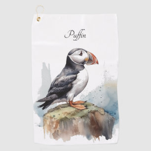 Papageientaucher auf einem Felsen Aquarell, indivi Golfhandtuch