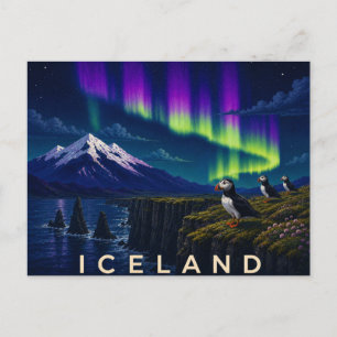 Papageientaucher auf Klippe unter dem Nordlicht    Postkarte