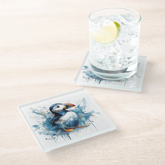 Papageientaucher Spritzer Glasuntersetzer (Schrägansicht)